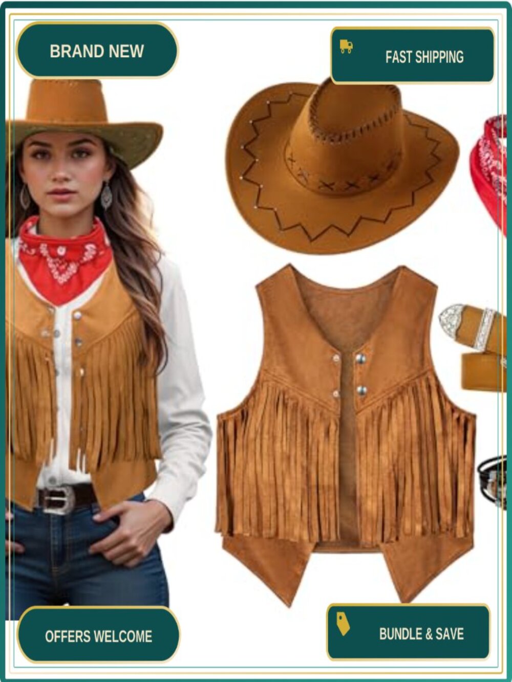 Cowgirl Costume Set Fringe Vest Western Hat Belt Scarf Bracelet Cosplay